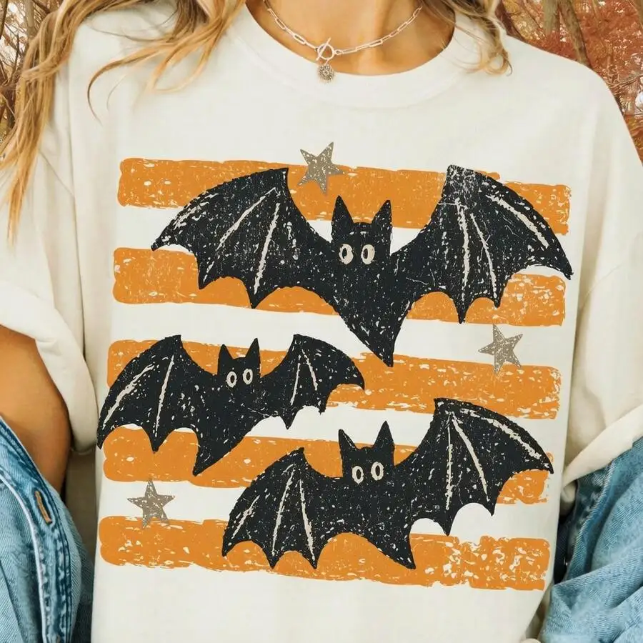 Women Halloween Bat Stripe Distressed Ghost Season Mom Graphic T Shirt Crewneck Short Sleeve Fall Casual 1 Piece Oversized Top