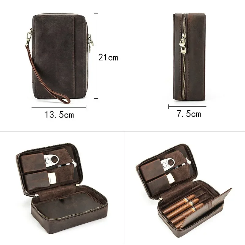 

Handmade Vintage Genuine Leather Cigar Box with Wrist Double Zipper Cigar Moisturizing Box Cover