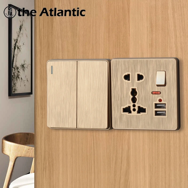 Light Rocker Switch Universal USB Power Socket Wall Electrical Outlet Gold Plastic Frame EU Franch Plug Ireland Singapore Malta