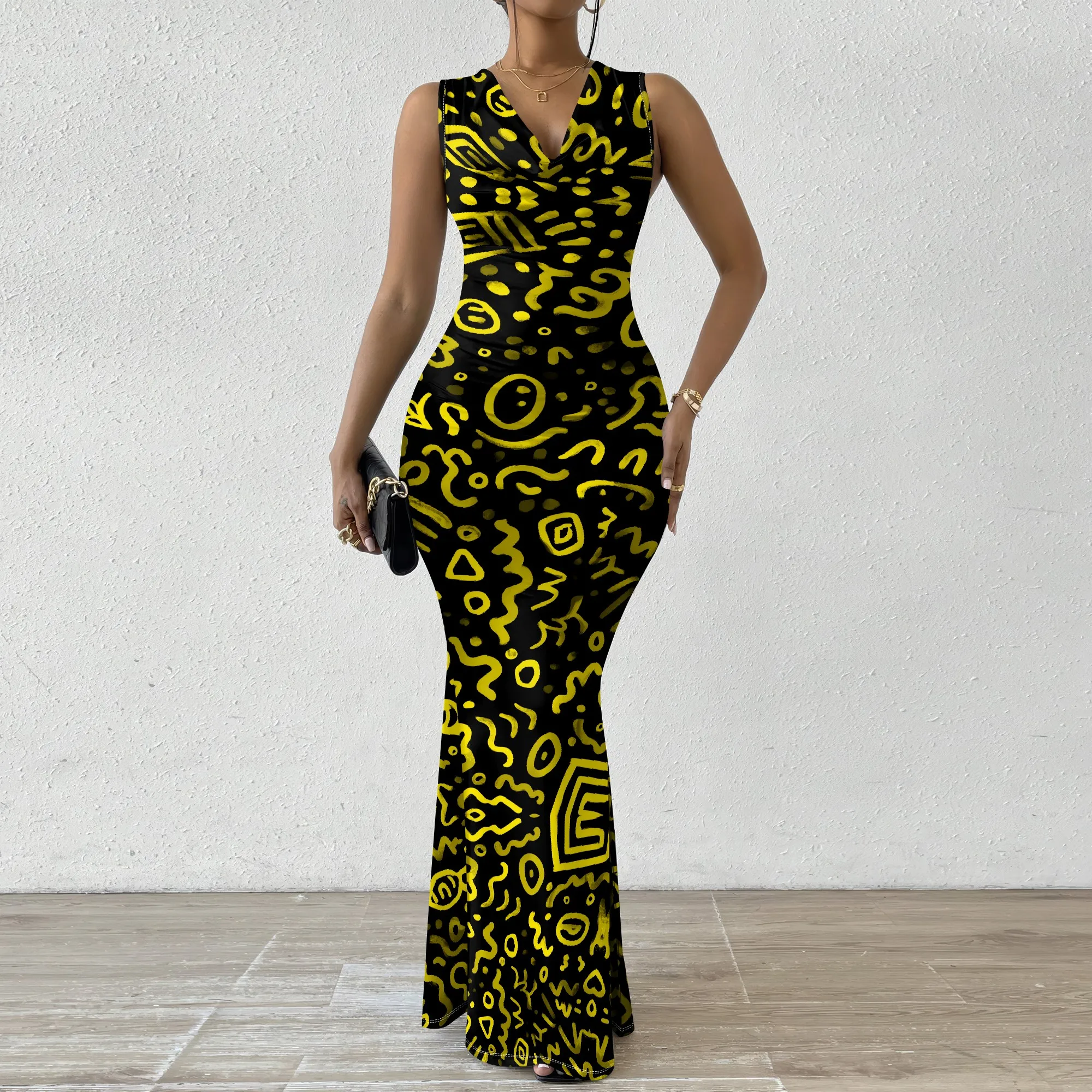 

Yellow Tribal Graffiti Print Maxi Dress XS‑2XL Sleeveless Draped Neck Mermaid Style for Afro Streetwear, Party or Festival Look