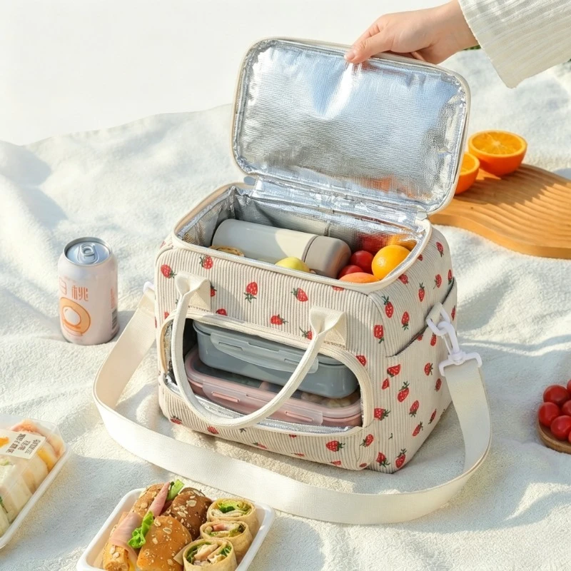 Corduroy Insulated Lunch Bag with Strawberry Print, Large Capacity Thermal Cooler Tote with Detachable Shoulder Strap, Leak‑Proof Aluminum Foil Liner Lunch Box Container for Work, School, Picnic, Outdoor Travel Food Storage FD96866593