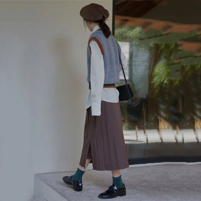 Sweater Waistcoat Versatile Loose Knitwear Vest Vintage V-Neck Cropped Knitted Vest Women Sleeveless Contrast Patchwork Striped