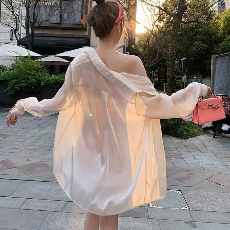 Korean Silk Sun Protection Clothing Women\'s Long Sleeve Loose Chiffon Shirt2024 Summer New Holiday Beach Shirts See Through Tops