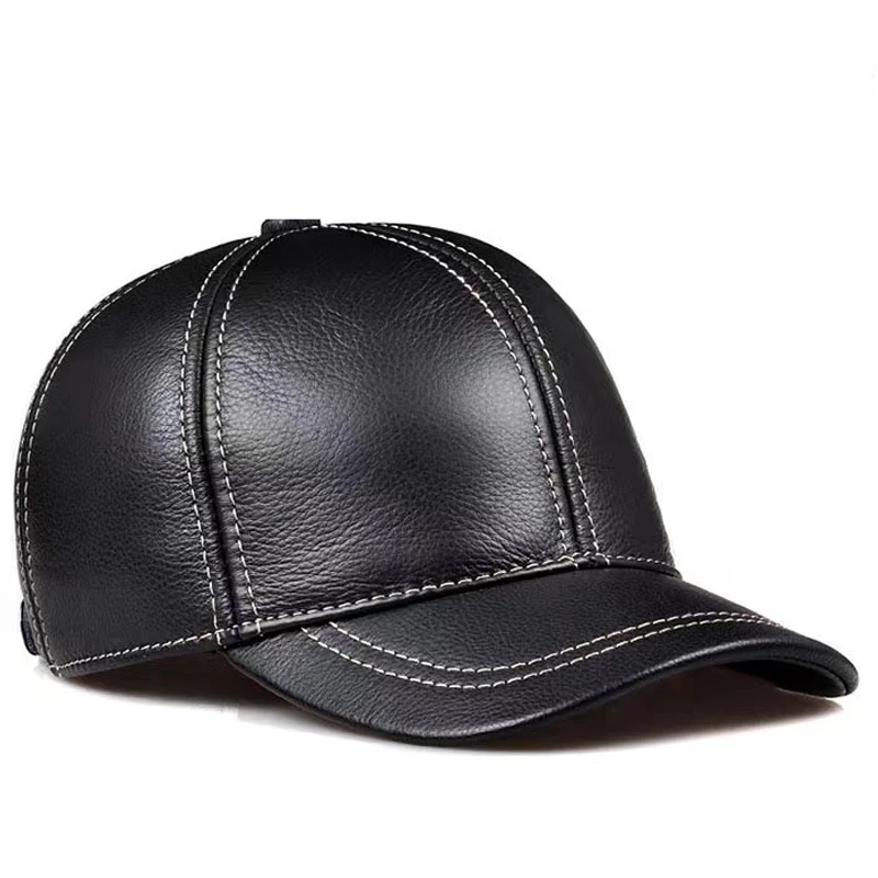 

Brand New Men's Leather Baseball Cap Top Layer Cowhide Autumn Winter Dome European American Leisure Long Brim Ear Protector Hat