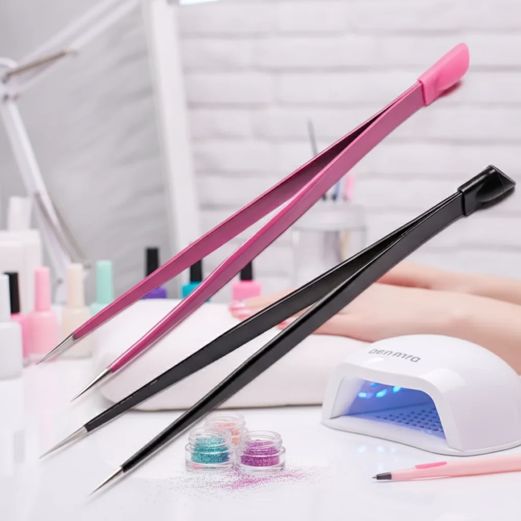 Nail Tweezers with Silicone Pressing Head Straight Curved Nail Art Tool for Sticker Rhinestones Picker 1 Piece