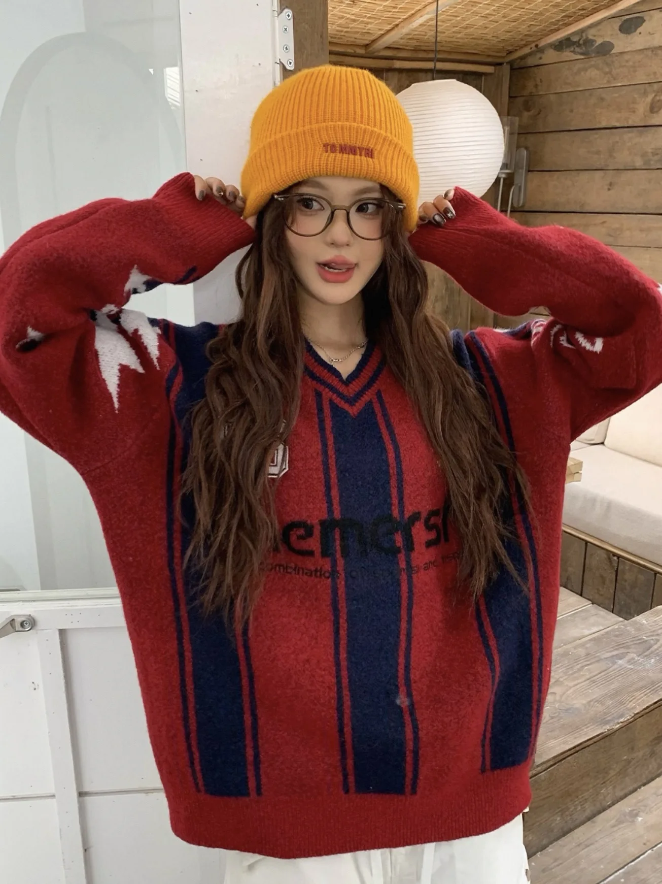 

American Stripe Color Blo Digital Embroidery Knitwear Loose Fit ex Autumn Winter Baseball Jersey Design Lazy Sle Sweater