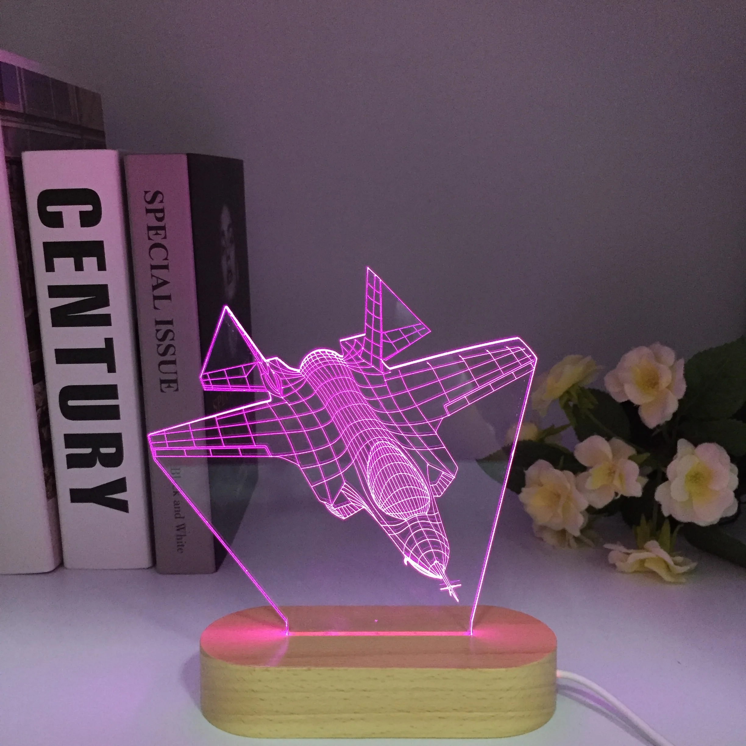 Wood War Plane Fighter LED 3D Night Lights Colorful Table lamp Multi Color Military Jet Plane Aircraft with USB Power Decor Gift