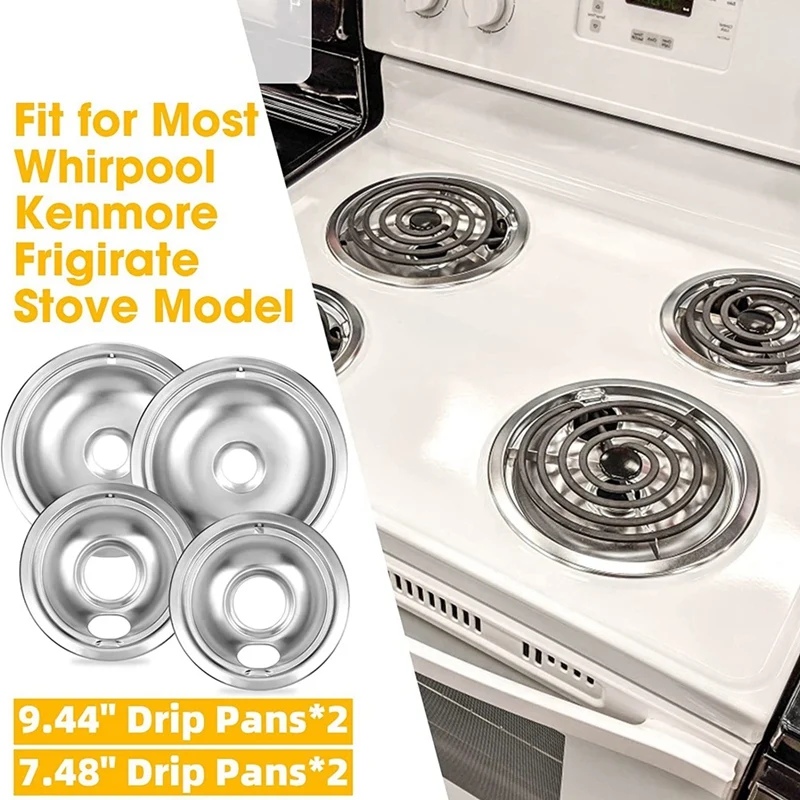 Drip Pan Kit,Universal Chrome Burner Drip Bowls Spare Parts For Whirlpool Kitchen Aid Range W10278125 W10196405 W1019640