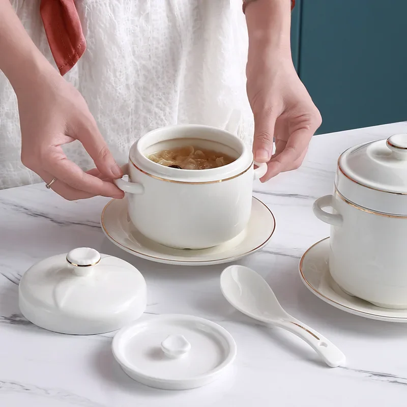 Creative Relief Ceramic Stew Pot Korean Pure White/golden Bone Porcelain Stew Bowl Bird's Nest Steamed Egg Bowl Kitchen Supplies