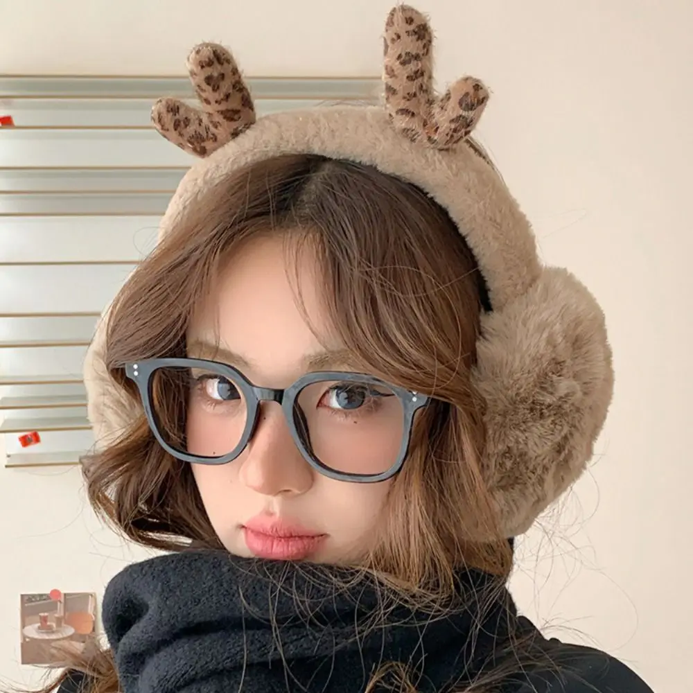 Cute Ear Cap Plush Earmuffs Leopard Print Deer Antler Winter Earmuffs Thicken Keep Warmer Imitation Fur Ear Cover Girl