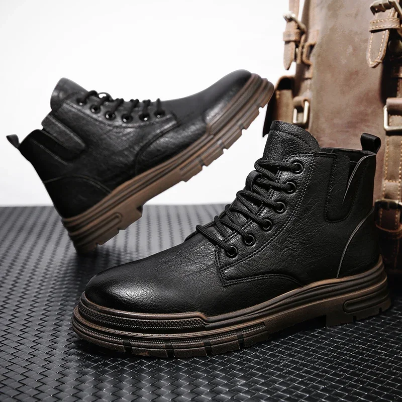 

High Quality Black Leather Boots Insoles Chic Durable Stitching Design Outdoor Lace Up Ankle Boots Men Trainers Work Boots 2025