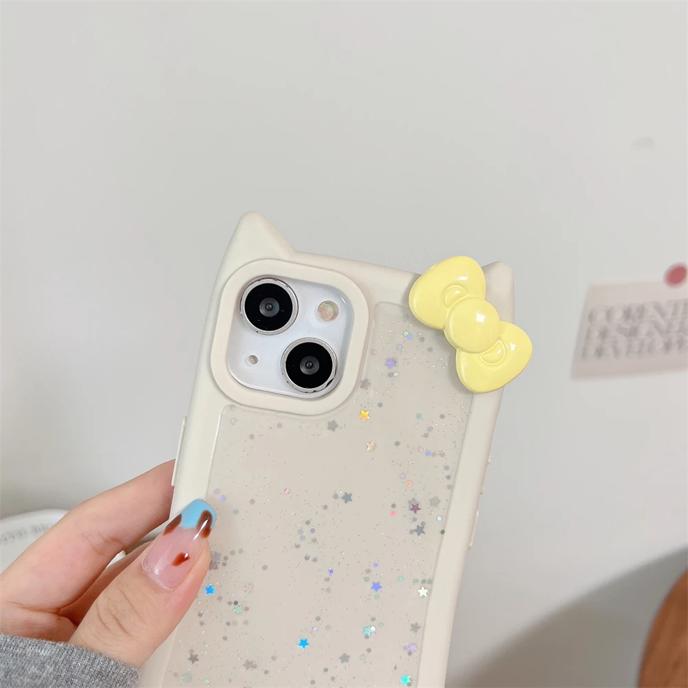 3D Cute Cat Cartoon Bowtie Laser Glitter Rainbow Color Case for iPhone 14 11 12 13 15 Pro Max Plus Solid Candy Bumper Back Cover