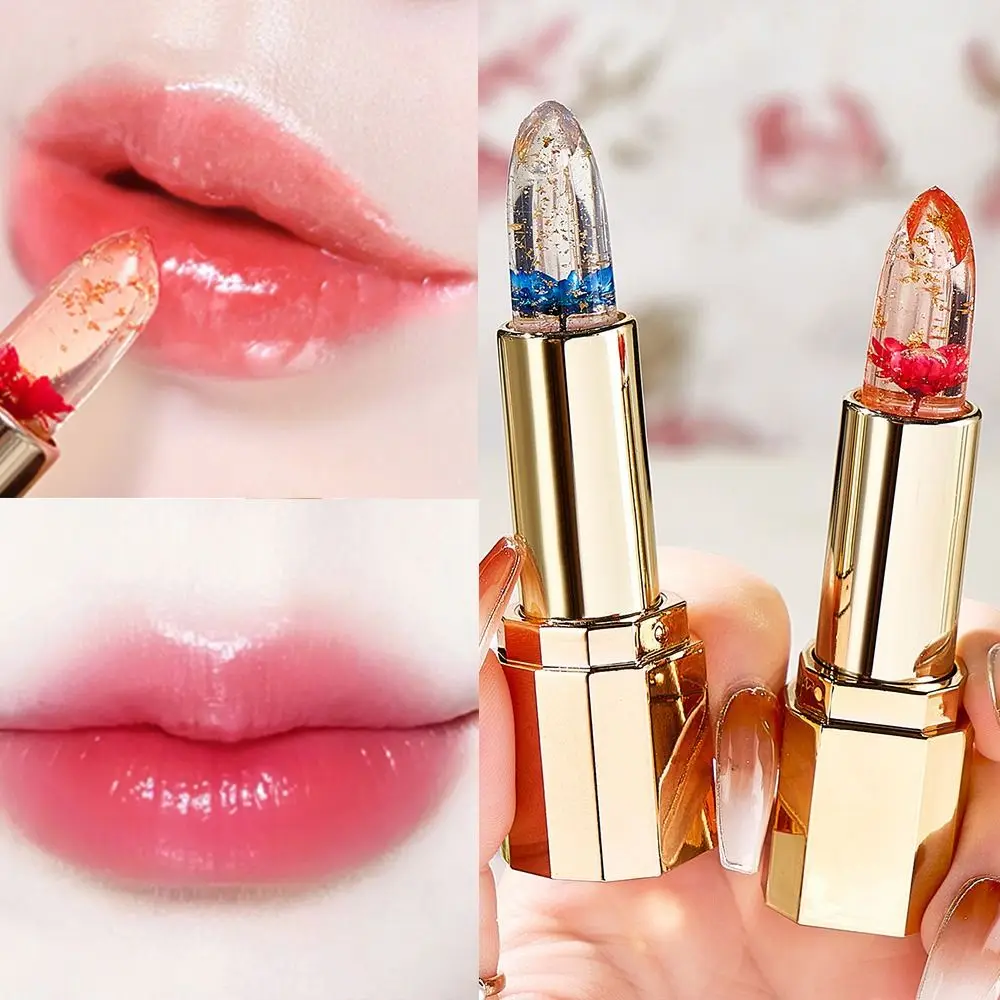 透明ゼリーフラワーリップスティック保湿栄養リップバーム温度変化色長持ちゴールド箔リップスティック