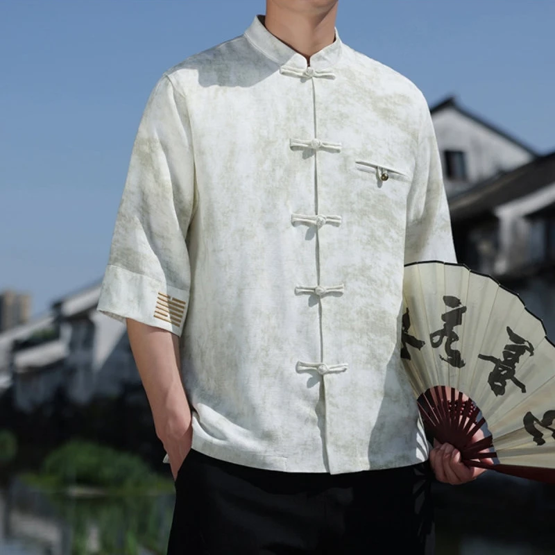 Chinese Style Men Casual Shirt New Arrival 2026 Summer Vintage Stand Collar Tang Suit Loose Male Short Sleeve Tops Shirts N103