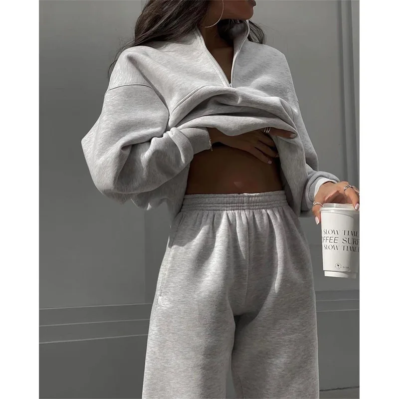 New in Outwears Sweatshirt Winter Clothes Women Warm Suit Ladies Outfit Clothing Long Sleeve Zip-up Top Casual Pants 2 Piece Set