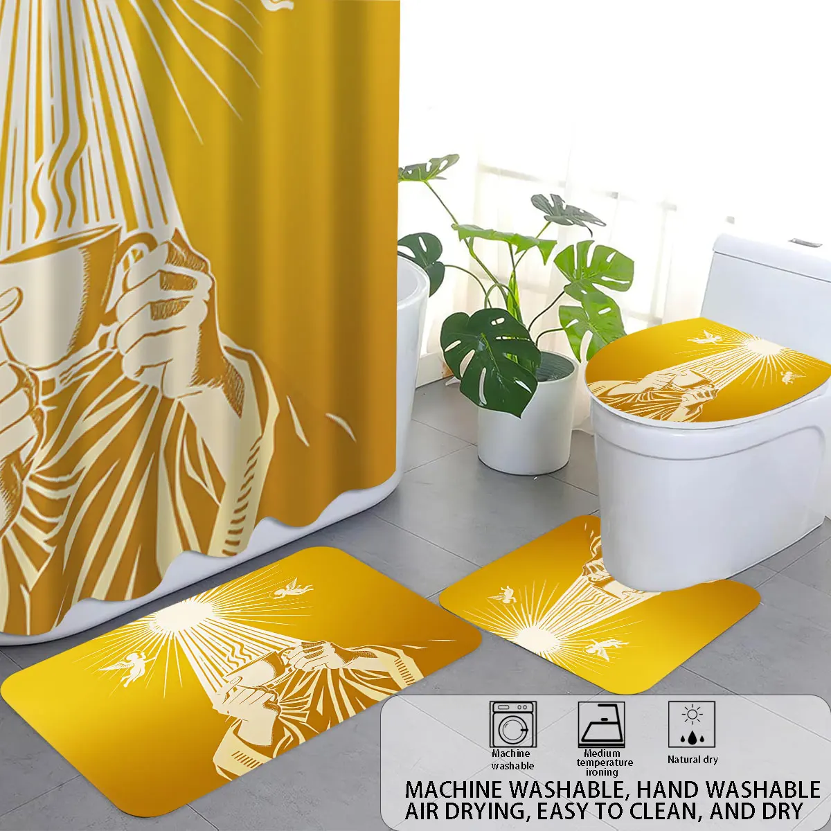 Golden Coffee Cup Angel Print Bathroom 4 Piece Set Luxury Gold Shower Curtain Non-slip Bath Mat Soft Towel Bathroom Decor Set - view 6