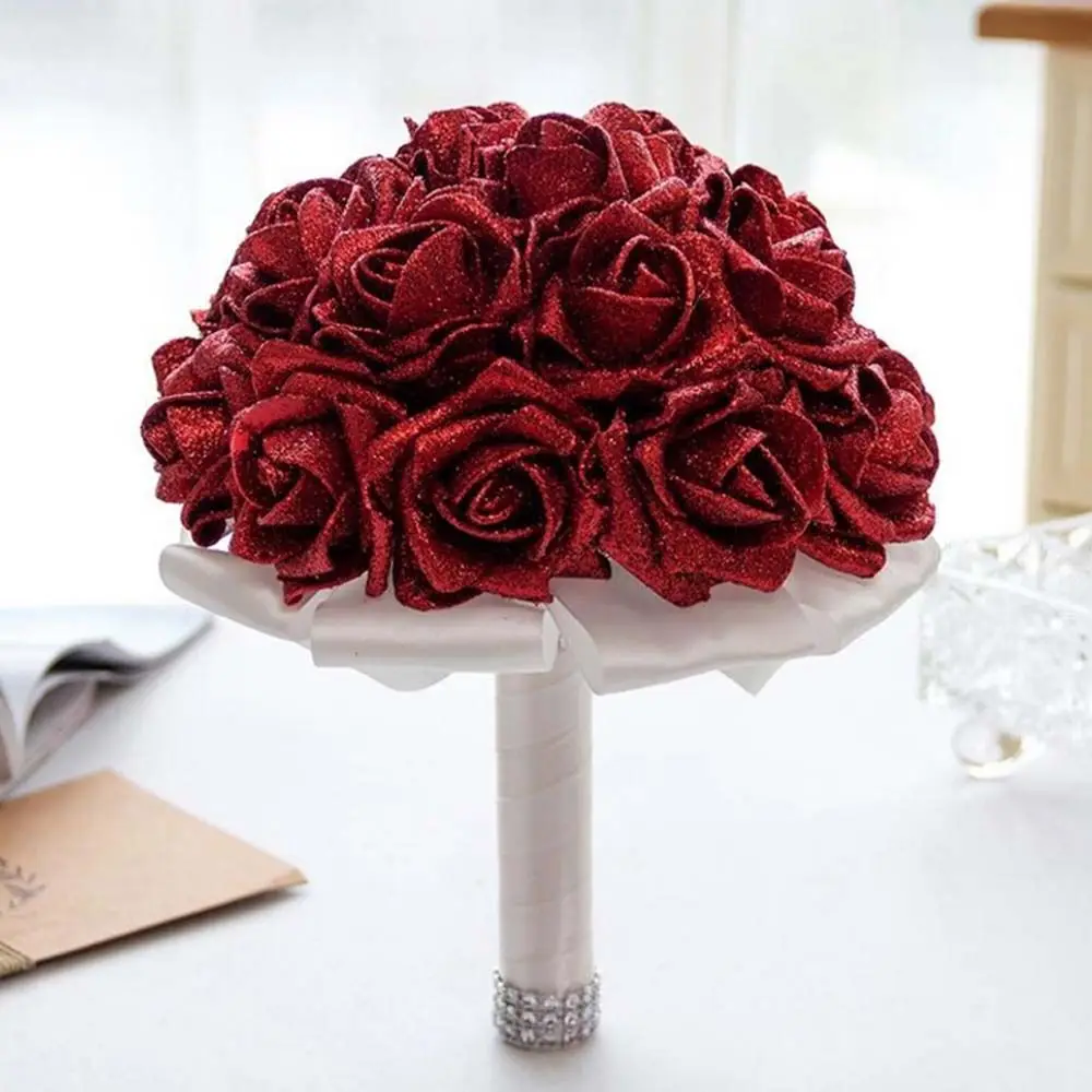 10pcs Blue Roses Bride Bouquet with Glitter Powder Artificial Roses Foam Roses Decoration Artificial Flowers