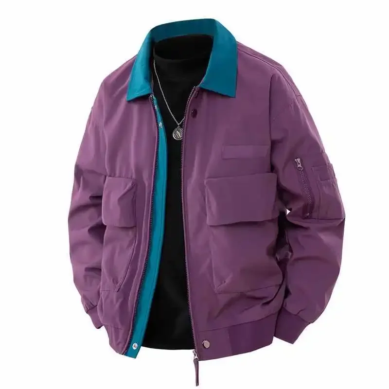 

Fashionable Color Block Collar Jacket Windproof Water Resistant Fabric Autumn Winter Style Thin Summer Suitable Male Jacket