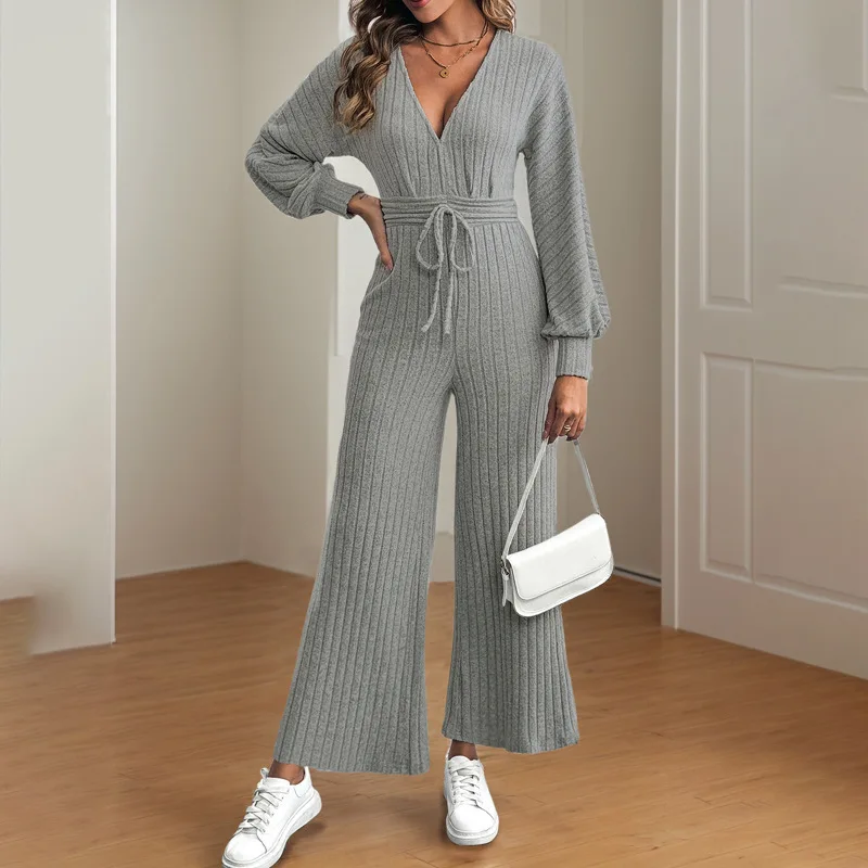 

Fuzzy Cuffed Jumpsuit V-Neck Ribbon Batwing Sleeve Solid Wide Leg