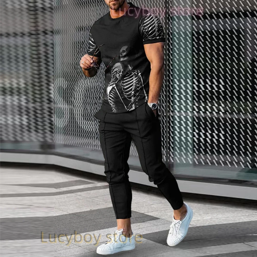 Luxury Men Tshirt Suit Tracksuit 3D Printed Sportswear Short Sleeve T-shirt Long Pants Streetwear 2 Piece Set for Male Clothes