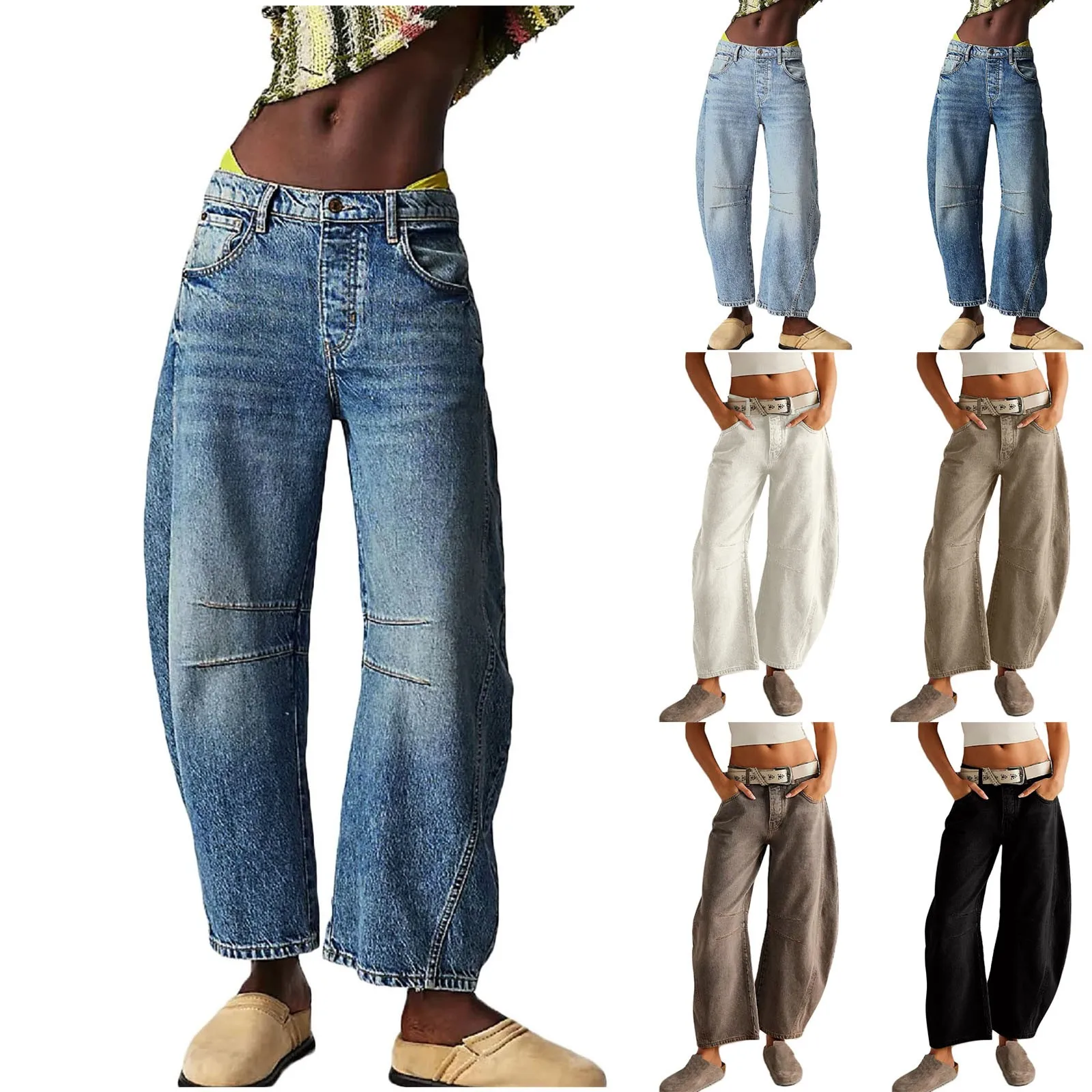 Women Vintage Mid Waist Jeans Wide Leg Loose Boyfriend Denim Cropped Pants Straight Leg Mid Rise Y2k Barrel Jeans