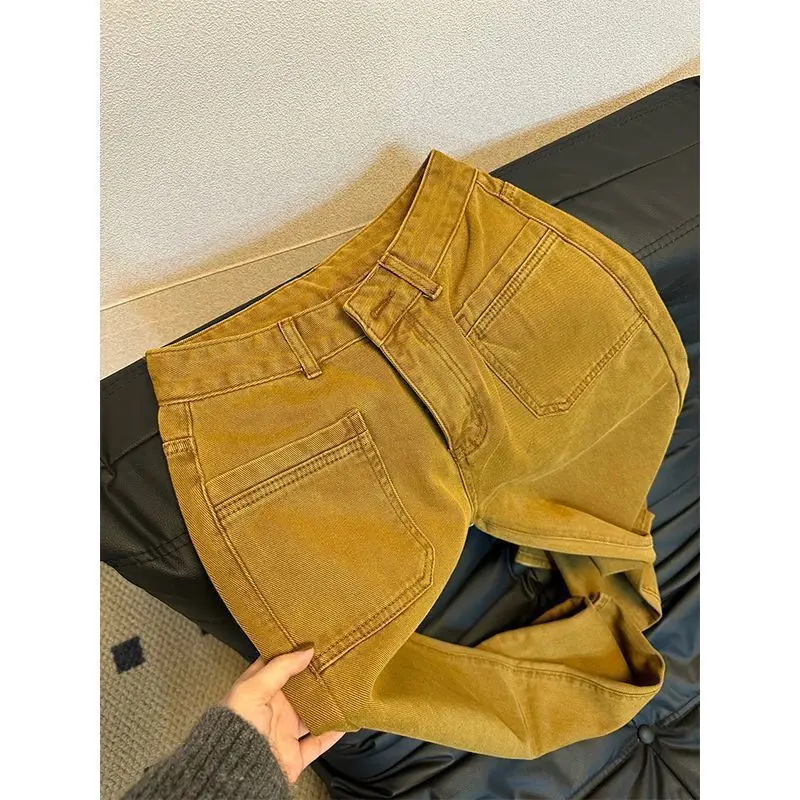 

High-end Coffee Yellow Retro High-waisted Denim Wide-leg Pants for Small People in Autumn and Winter New Slimming Trousers