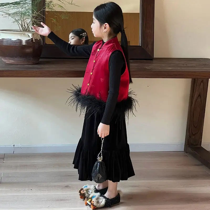 

Красный новогодний жилет без рукавов для девочек, топ 2026, новый китайский детский зимний жилет, детское платье Тан, новогодний жилет, топ LI880