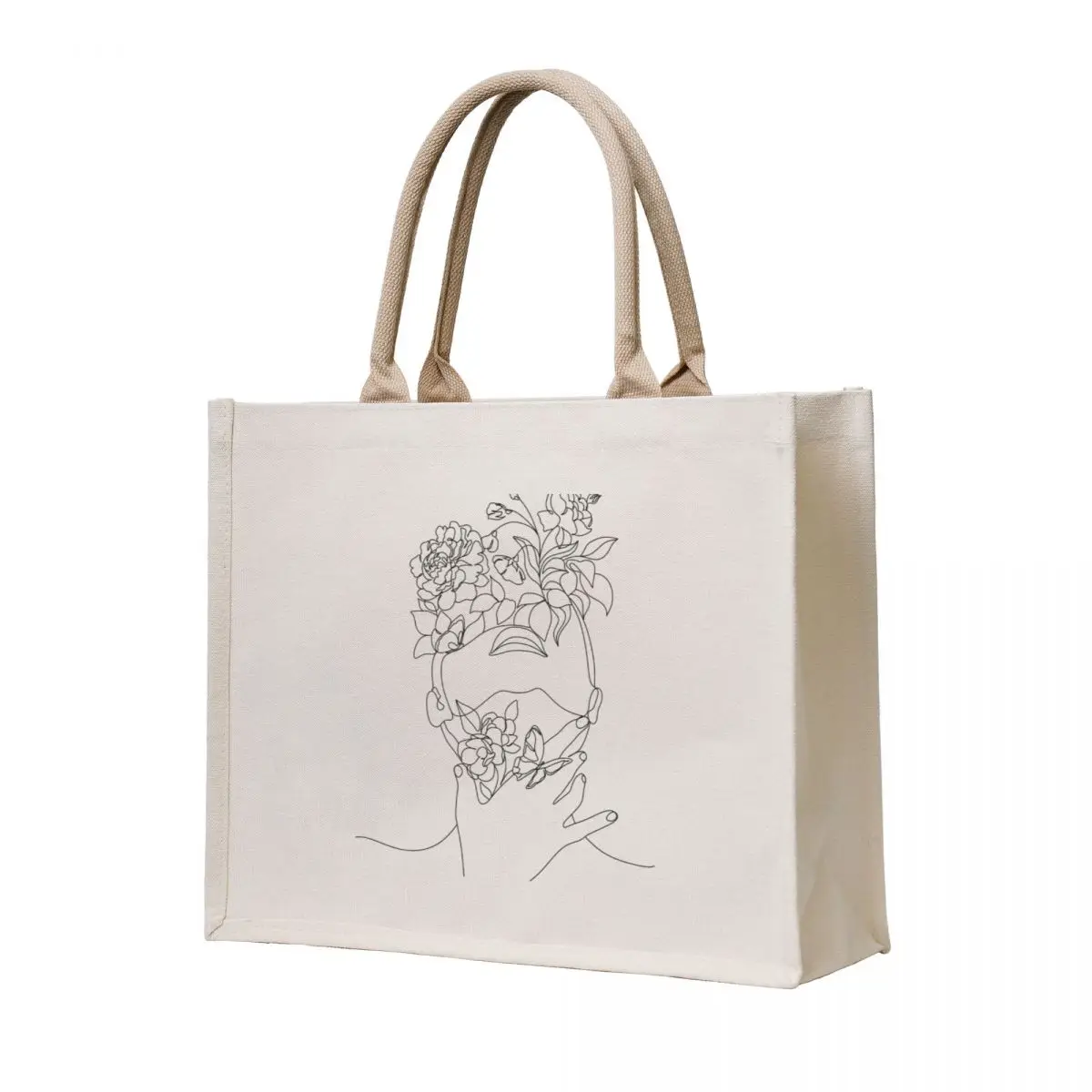 

Abstract face with flowers by one line drawing. Portrait minimalistic style. Botanical print. Nature symbol of cosmetic Tote Bag