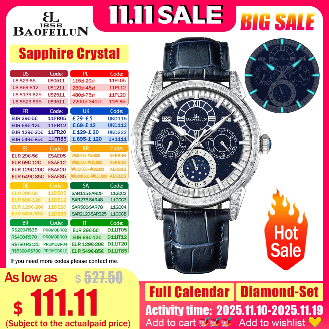 

BAOFEILUN Iced out часы Автоматические часы высокой сложности с бриллиантами итальянский ремешок из телячьей кожи 42 мм с сапфировым стеклом Водонепроницаемые часы