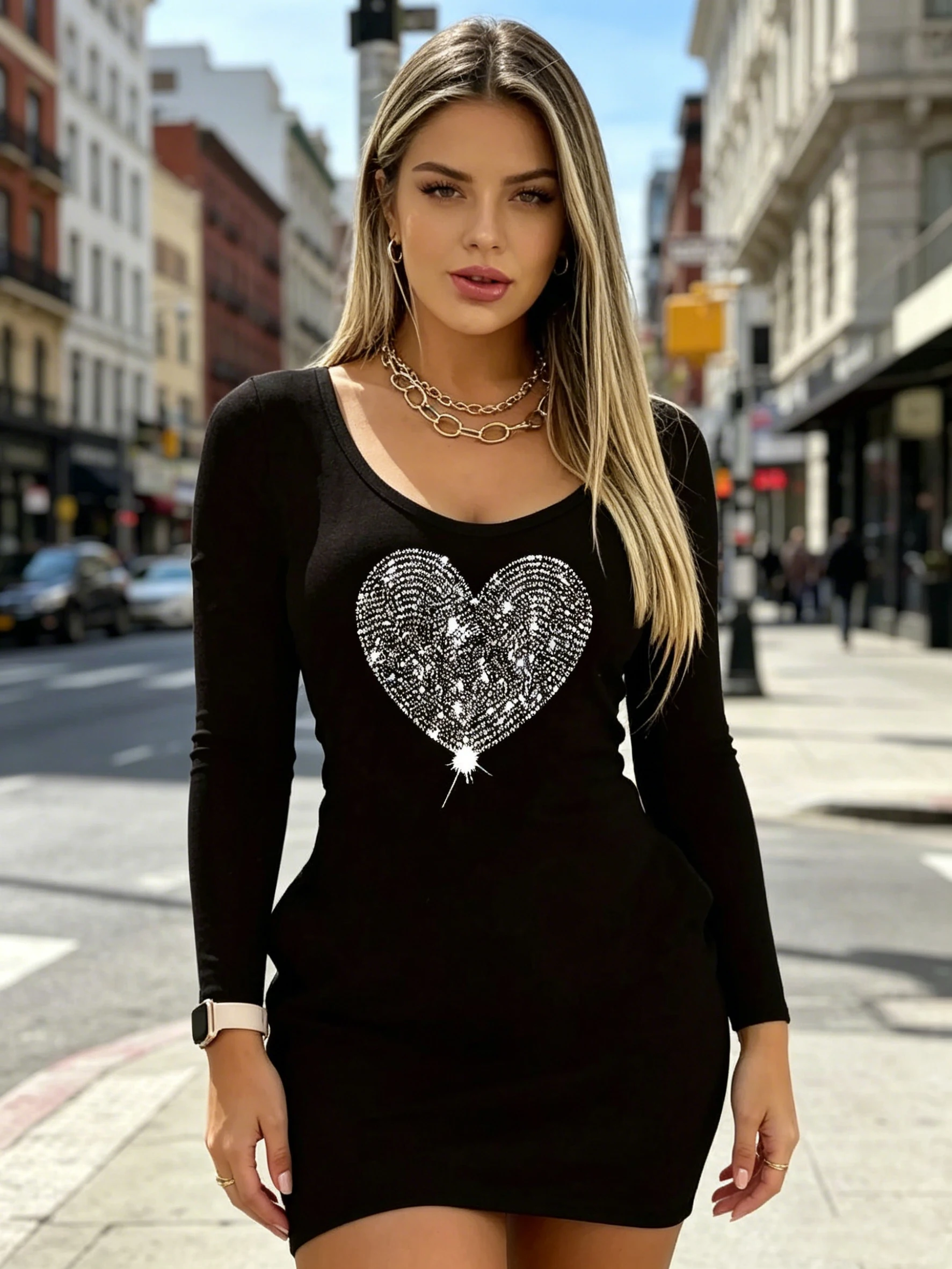 2026 Women's Casual Elegant Round Neck Long Sleeve Dress Heart Pattern Diamond Inlaid Hip Wrapping Maxi Gown for Women