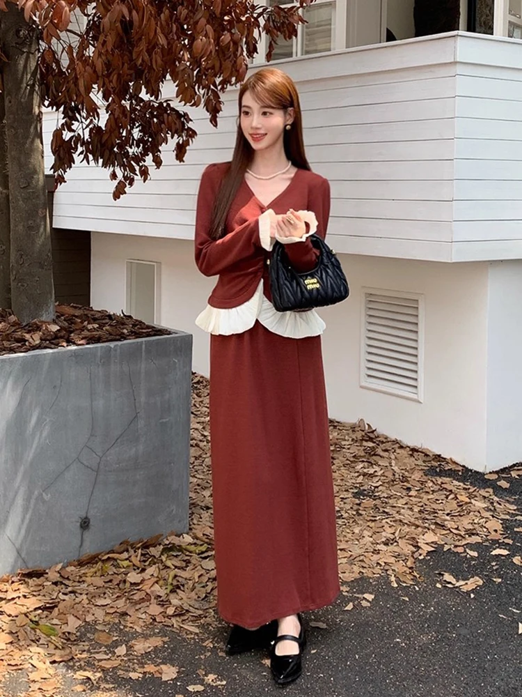 

Ele Autumn New Sle Retro Gathered Floral Print Blouse Women's High Waist A-Line Skirt Set Faionable Ensemble