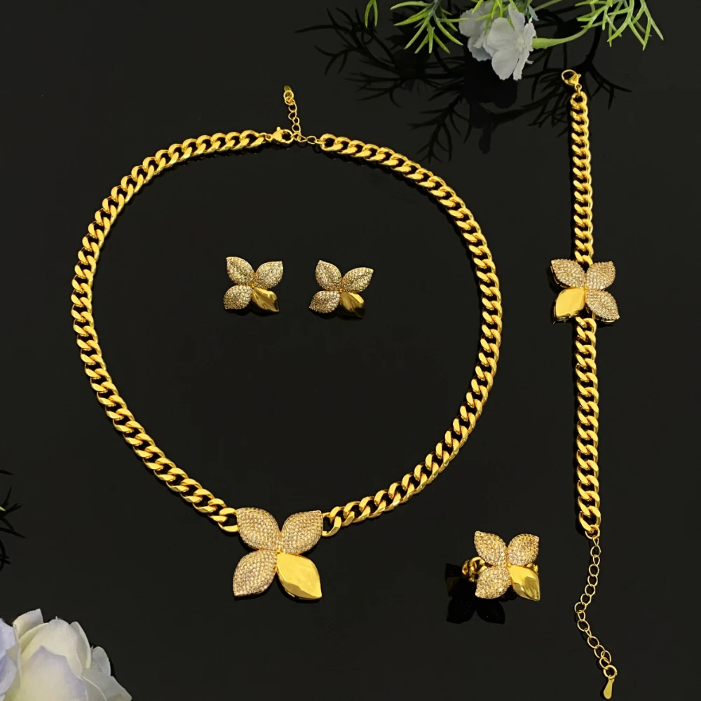 

JRH четырехлистный клевер позолоченный циркон модный комплект ювелирных изделий ожерелье серьги браслет кольцо повседневные поездки роскошный минималистский