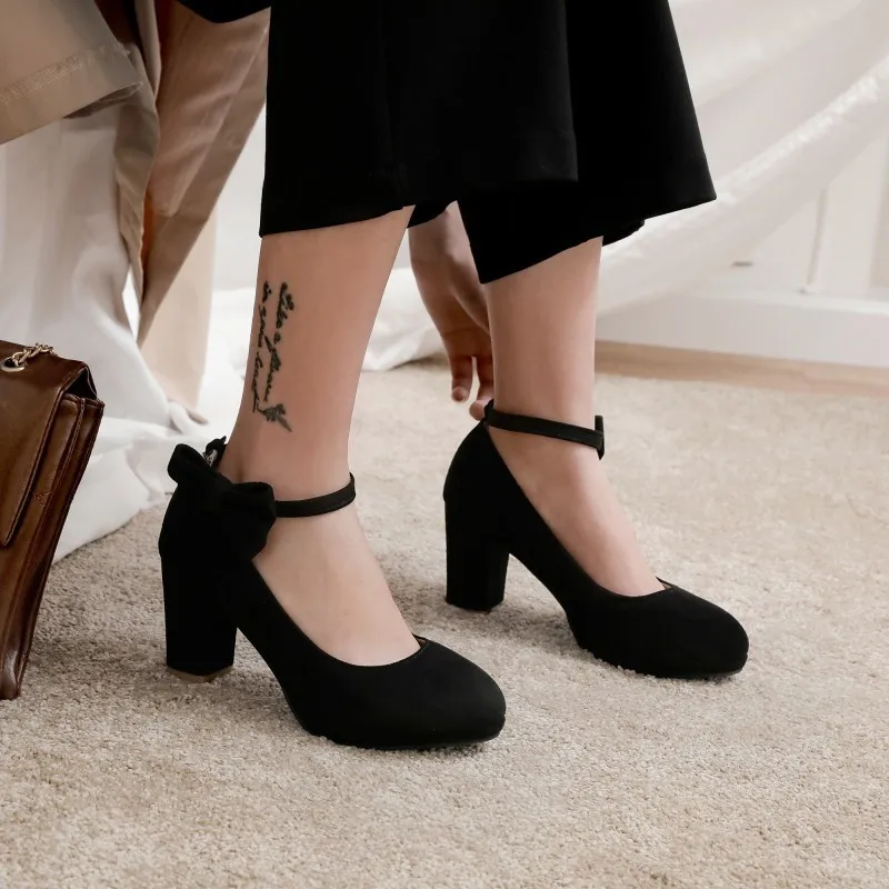 Ankle Strap High Heels Sweet Bowknot Women's Pumps Flock Woman Thick Heel Mary Jane Women Party Shoes Ladies Footwear 33-43