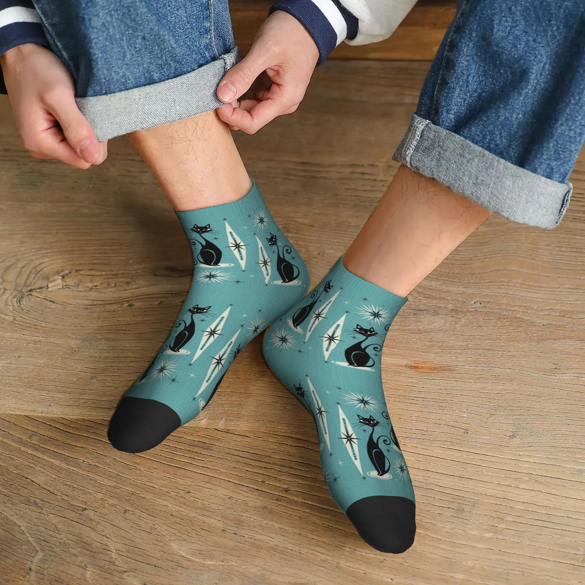

Всесезонные носки Mid Century Meow on Blue, супер мягкие носки в стиле Харадзюку, забавные чулки для мужчин и женщин, рождественские подарки