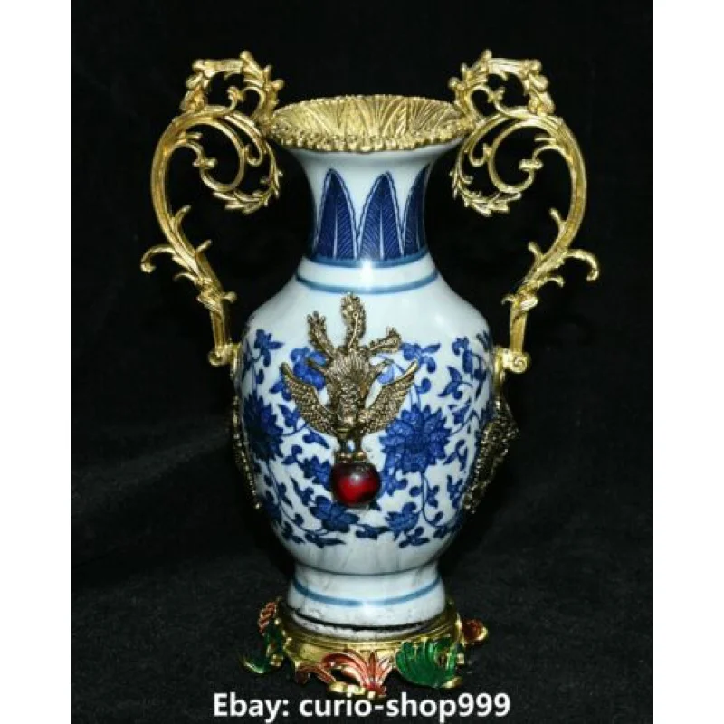 

Bronze Gilt Inlay White Blue Porcelain Dragon Phoenix 2 Ear Flower Bottle Vase