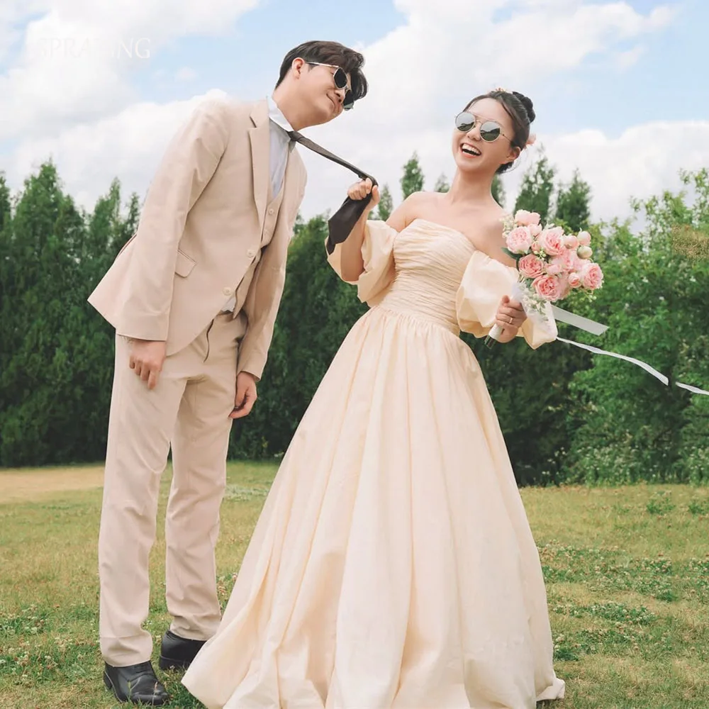 SPRAYING Simple taffetas une ligne longues robes de mariée corée séance Photo sans bretelles manches bouffantes robes de mariée Corset personnalisé 2026