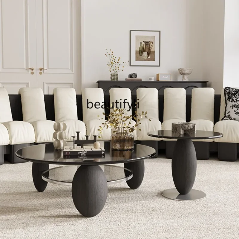 

Simple Tea Table Combination White Wax round Small Apartment Tempered Glass Solid Wood Tea Table Designer