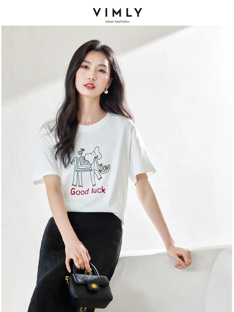 VIMLY Short-Sleeved Summer Women Embroidered T-shirt Classic All-match Comfortable O-Neck Solid Versatile Loose Top For Female