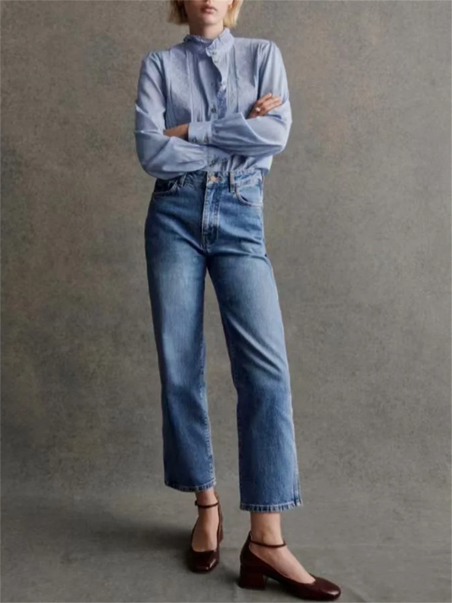 2025 신상 여성 레이스 블라우스 긴팔 싱글 버튼 블루 또는 화이트 러플 셔미즈 봄 여름