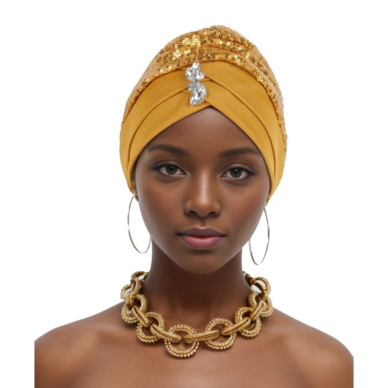 

African Auto Gele Headtie Aso Oke Nigeria Sequins Diamonds Headscarf Turban Hat Muslim Women Hijab Head Wrap Wedding Headpiece