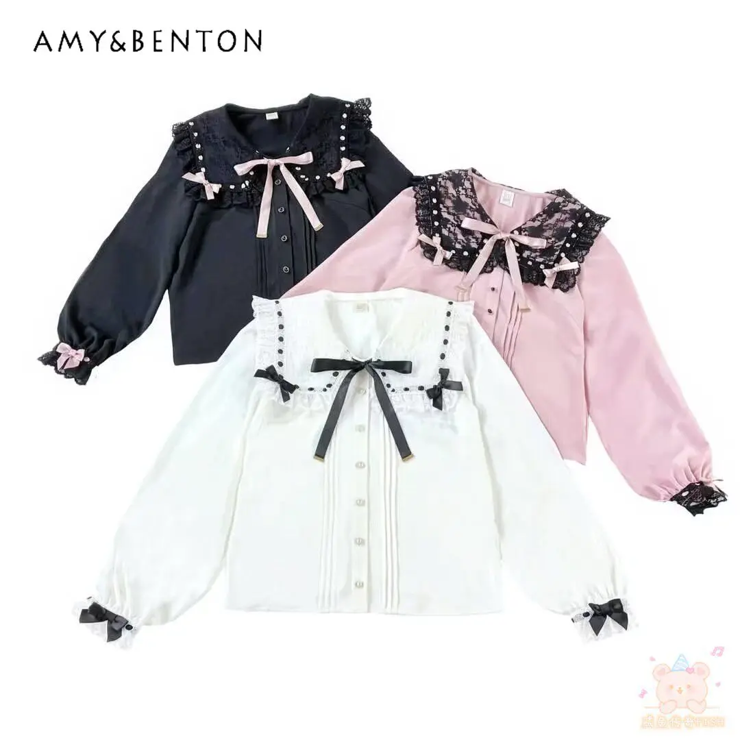 

Japanese-style SC New Cute Lace Bow Tie Navy Collar Long-sleeve Shirt Mine Series Mass-produced Lolita Shirt Inner Top Women