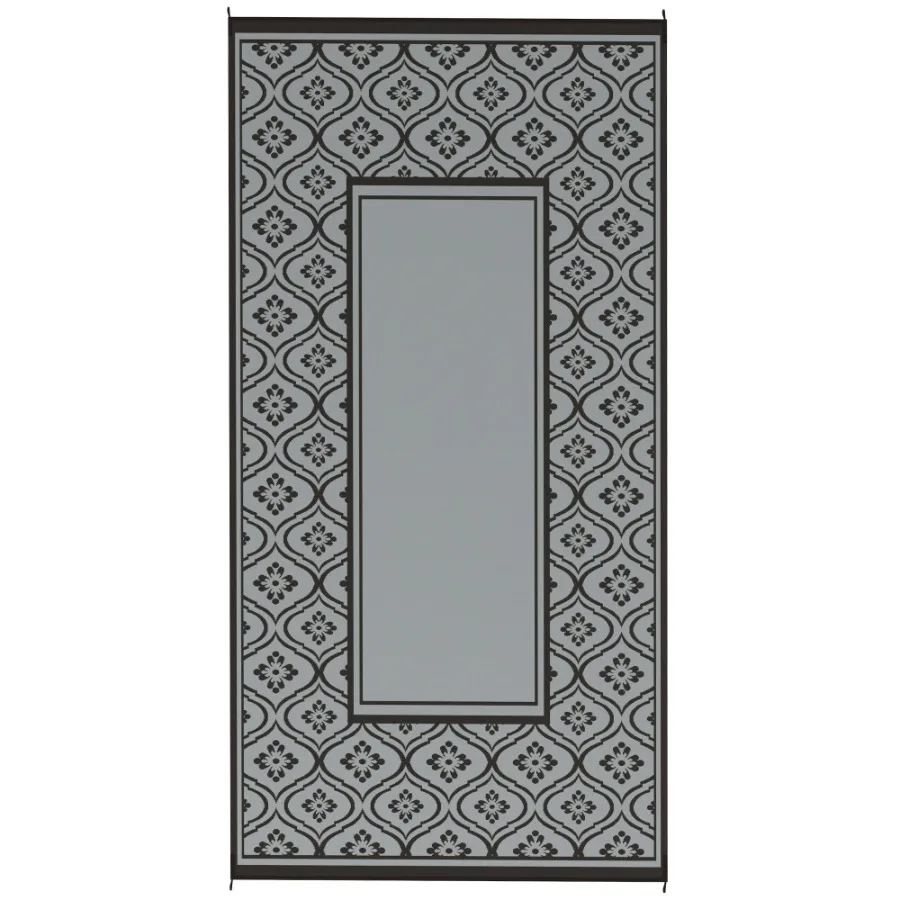 

Reversible Outdoor Rug Waterproof Plastic Straw with Carry Bag 9' x 18' Black Gray Gourd Border