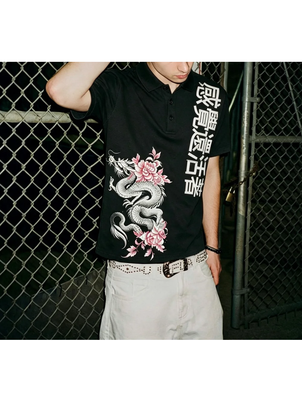 New Summer Retro Dragon Pattern Peony Printed Polo Collar Short Sleeve Top for Men and Women, Casual and Loose, Street Trendy