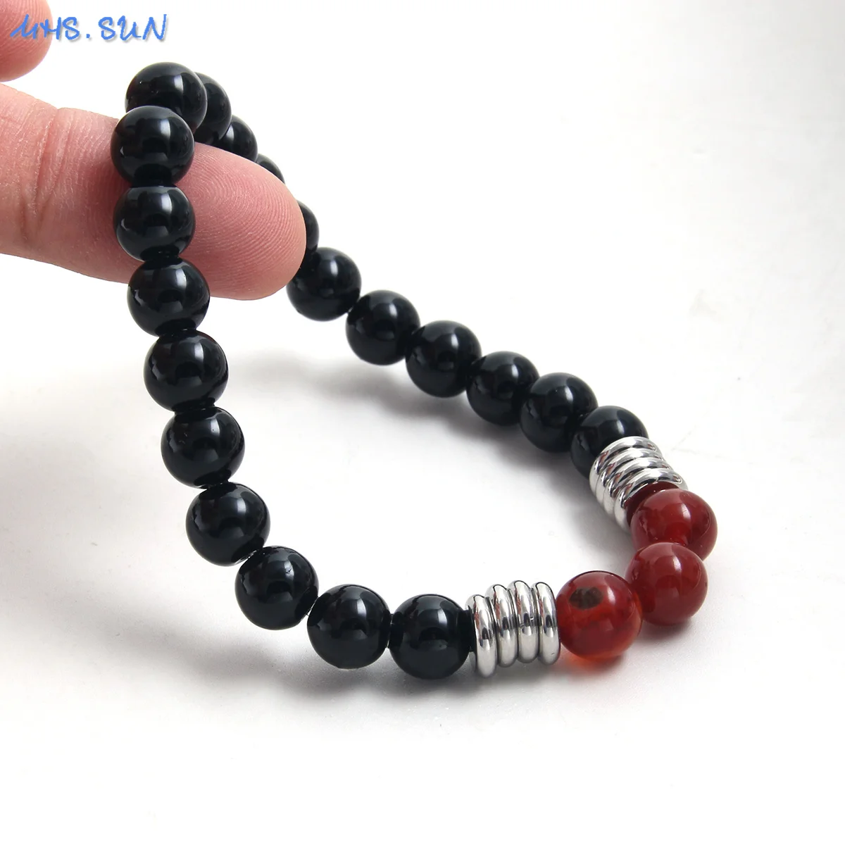 MHS.SUN Fashion Black 8MM Beads Stretch Bracelet Healing Red Natural Agates Stone Crystal Bracelet Handmade Stretch Jewelry