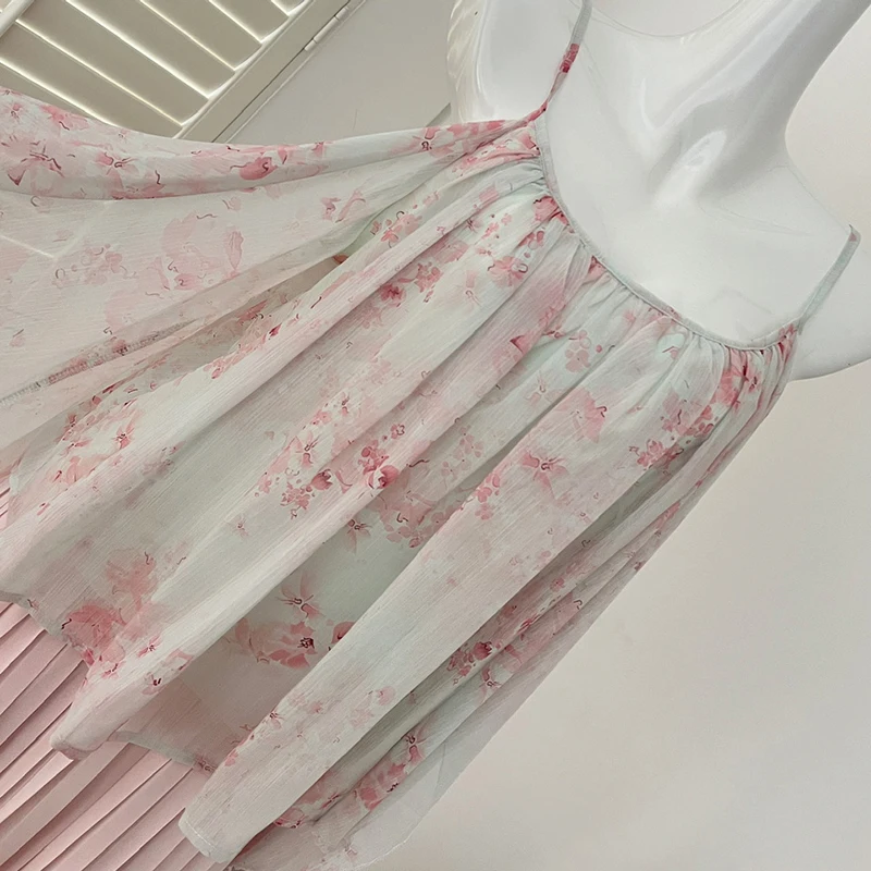 Spaghetti Roze Jurk Vrouwen Zomer Mouwloze Gedrukte Bloemen Boho Zonnejurk 2025, Nieuwe Mode Patchwork Geplooide Lange Jurk