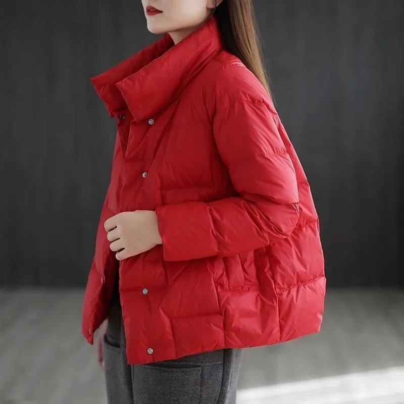 Autumn and Winter 2023 White Duck Down Short Down Jacket Women New Stand Collar Western-style Light and Loose Casual Thin Coat