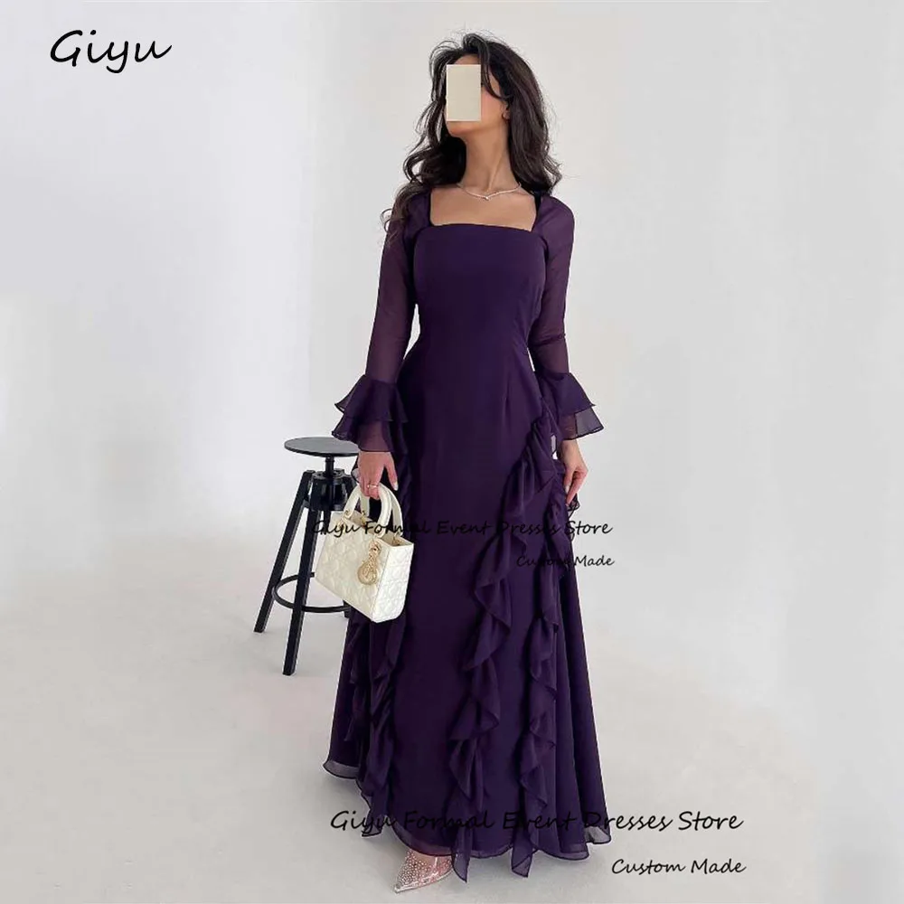 Giyu Elegent Pleat Elegantes Para Mujer 2024 Square Collar Floor-Length Full Sleeves Evening Party Dress Prom Gown