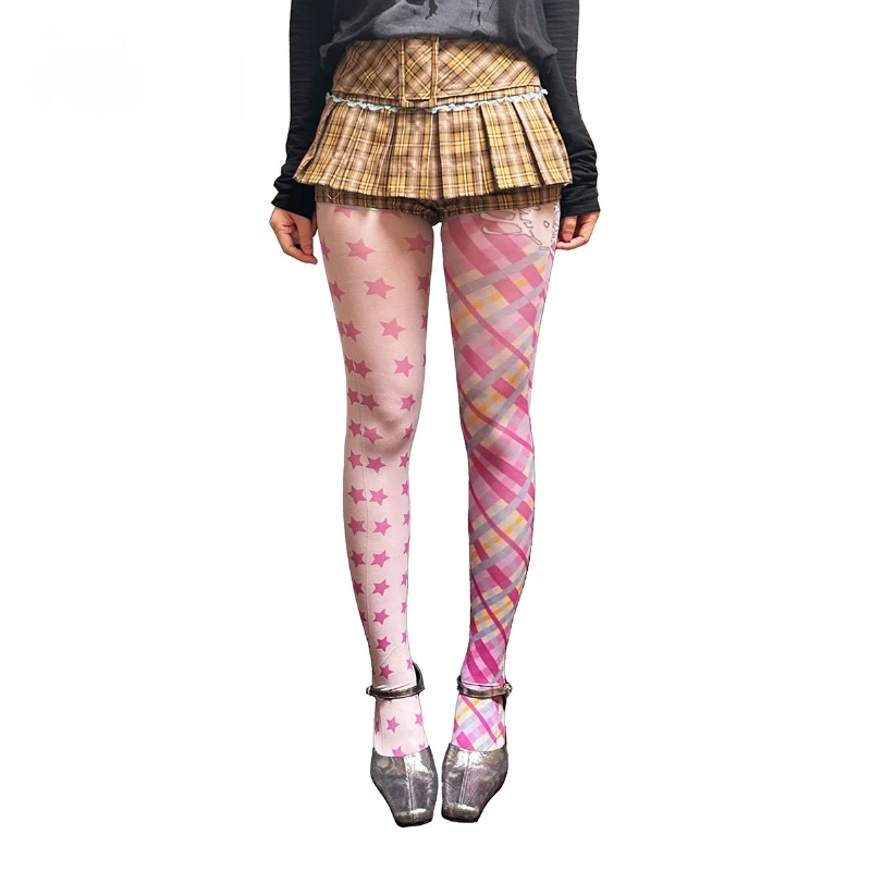 2025 Spring Autumn New Design Y2K Printed Irregular Star Plaid Women's Stockings Japanese Sweet Cute Versatile Tights Ladies