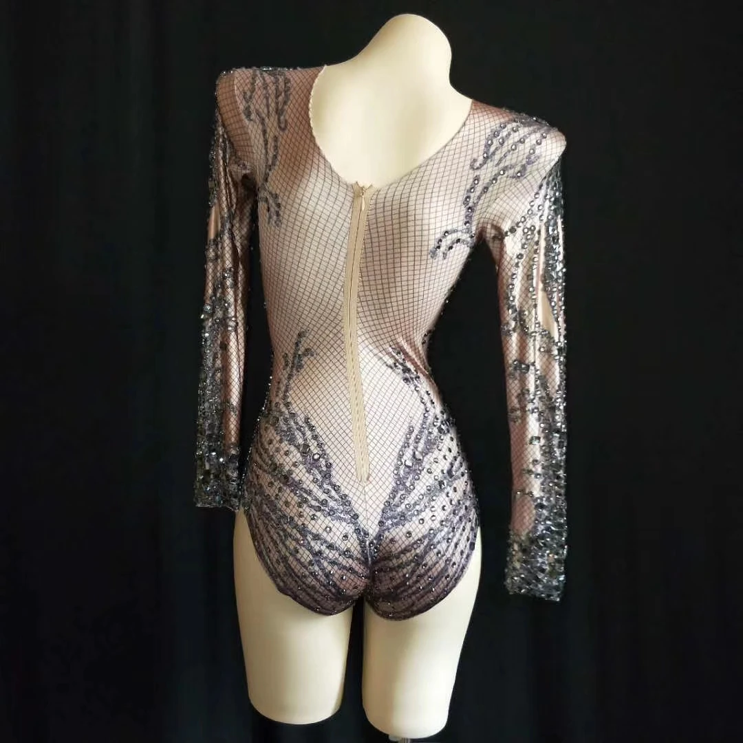 Sexy Stretch Spandex Rhinestone Bodysuit Female Nude Crystal Party Bodysuit Women Club Drag Queen Stage Leotard Dancer Outfits