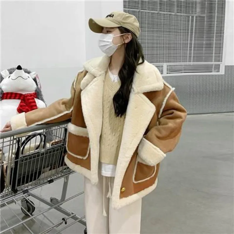 Winter Women\'s Thickened Imitation Lamb Velvet Jacket Korean Fashion Standing Collar Warm Windproof Tops Coat Motorcycle Jacket